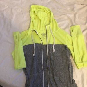 Neon/gray zip up jacket with a hood!